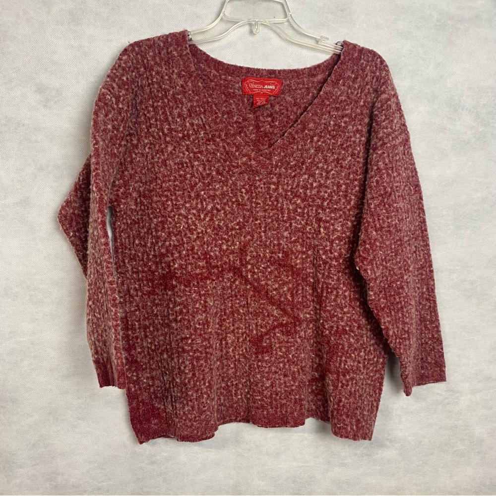 Vintage 90s Venezia Jeans Wool Blend Sweater Size 18/20 Maroon Cream V Neck